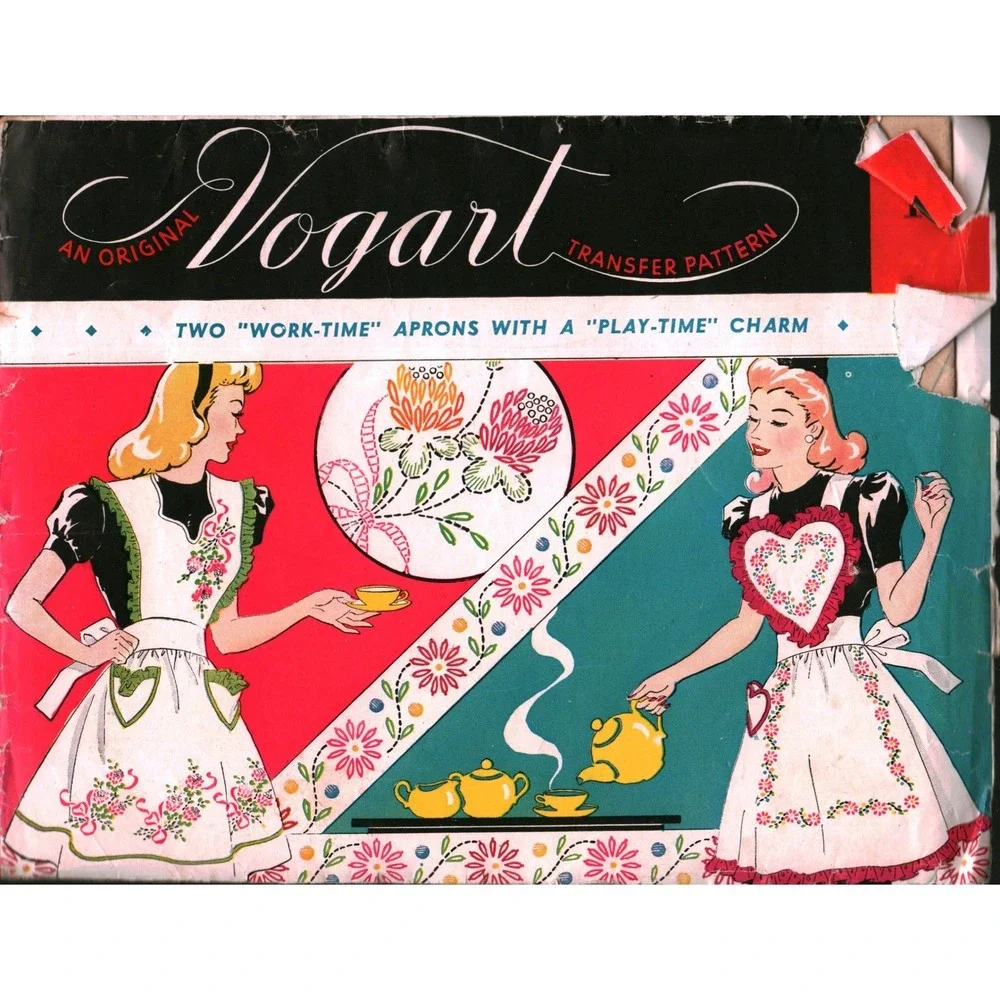 Vintage Vogart Transfer Pattern 141 Two Work-Time Aprons Floral Embroidery Retro